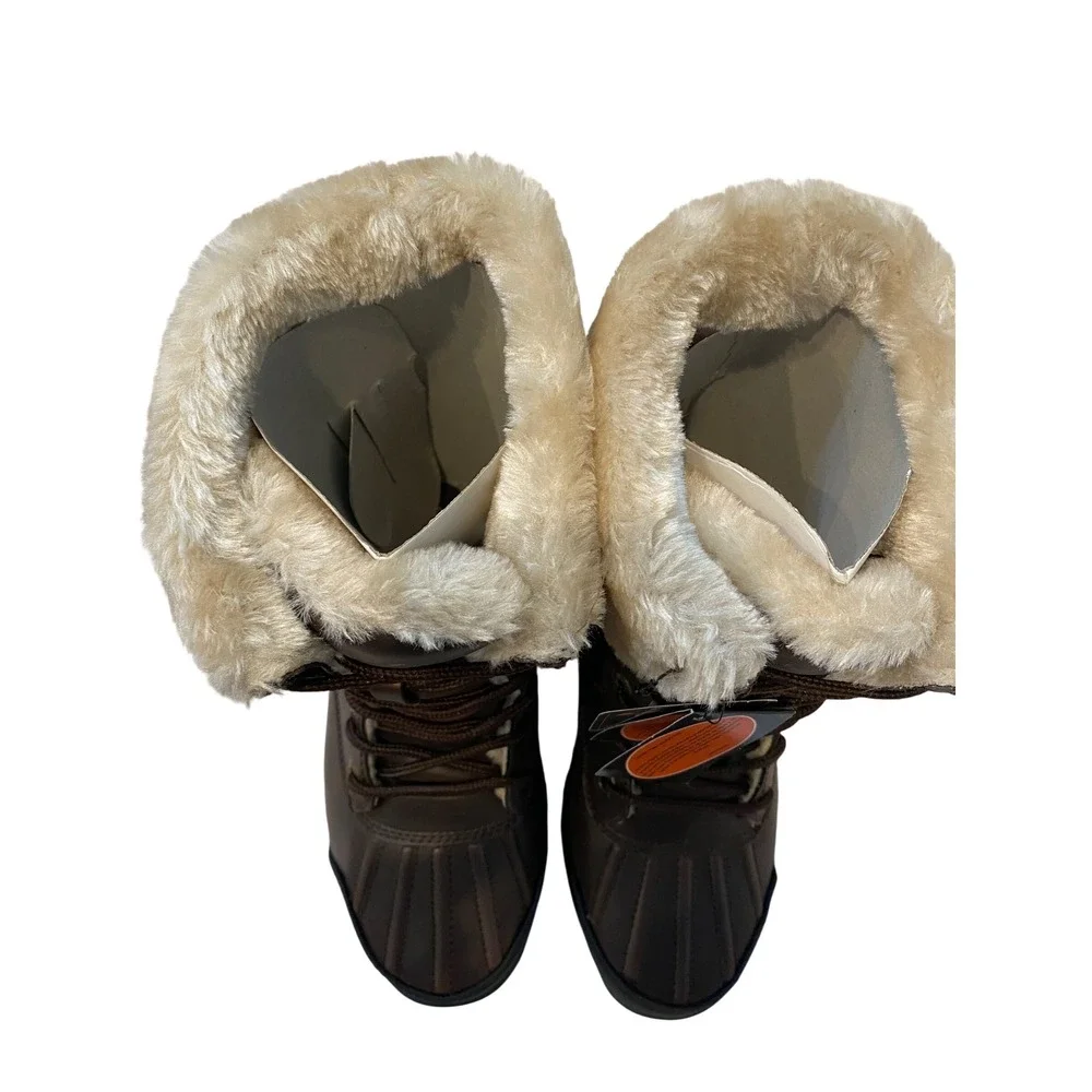 Lugz women's Brown Water Resistant Faux Fur‎ Trim Lace Up Duck Boots Winter Snow
